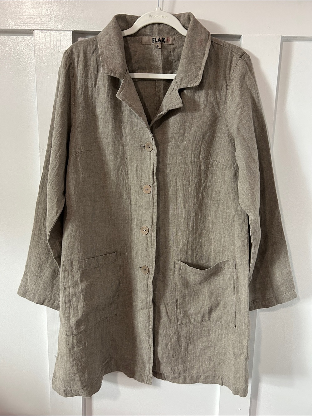 FLAX 100% Linen Button Front Long Jacket Tan Oatmeal Lagenlook Boho Size Small